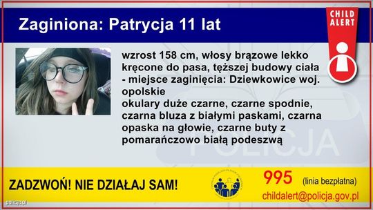 Child Alert: Zaginęła 11-letnia Patrycja Głowania – Policja prosi o pomoc
