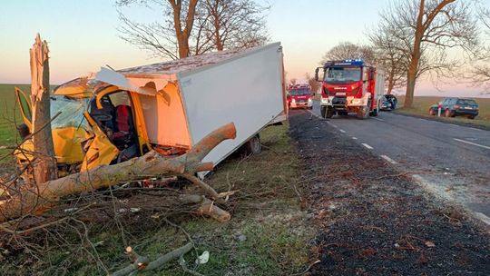 Groźny wypadek. Dostawcze auto roztrzaskało się o drzewo