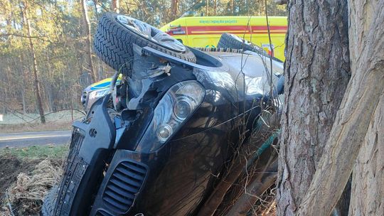 Groźny wypadek na trasie. Auto dachowało i uderzyło w drzewo