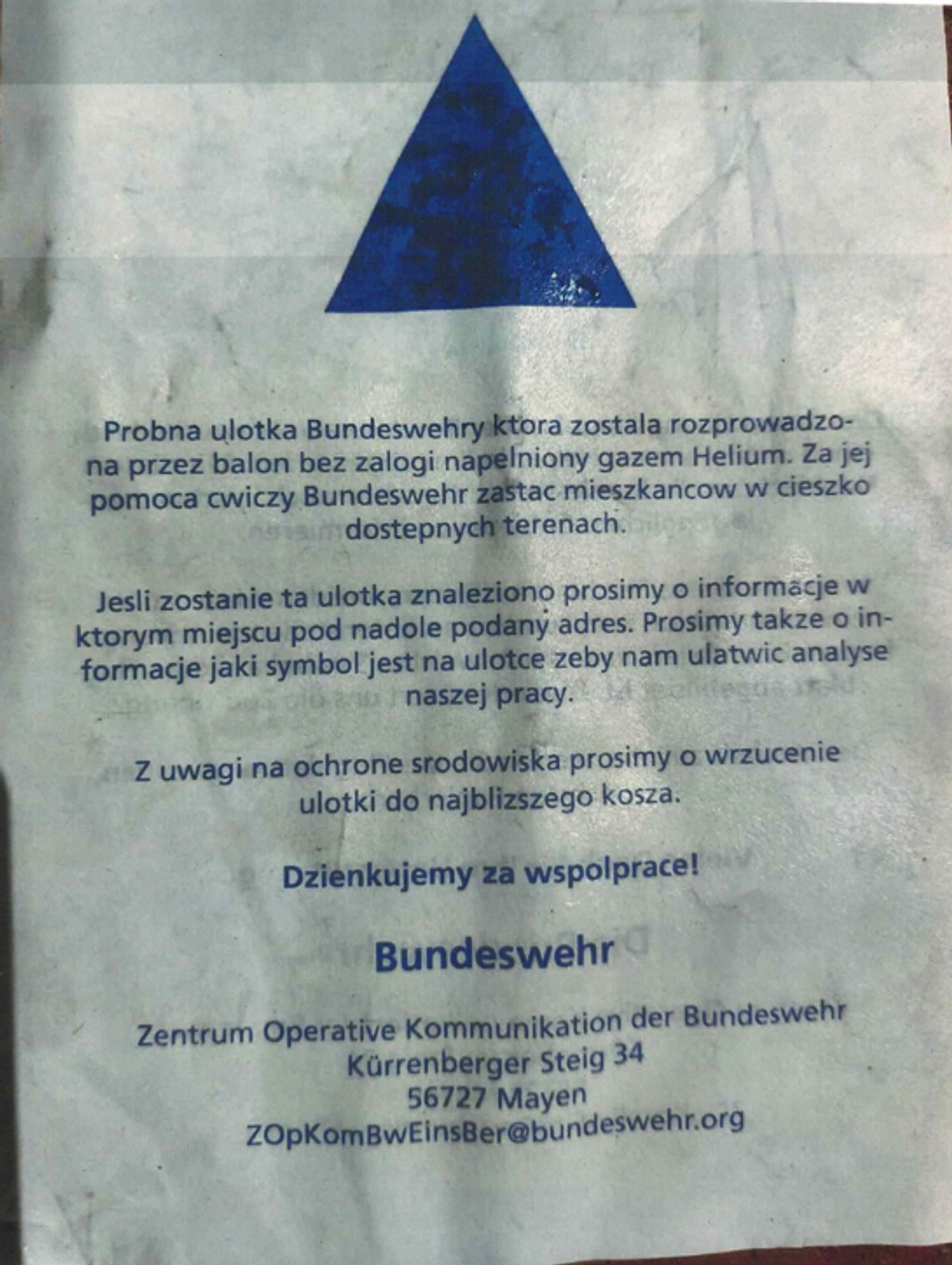 Niecodzienny widok na niebie. Ulotki mogą trafić do mieszkańców regionu